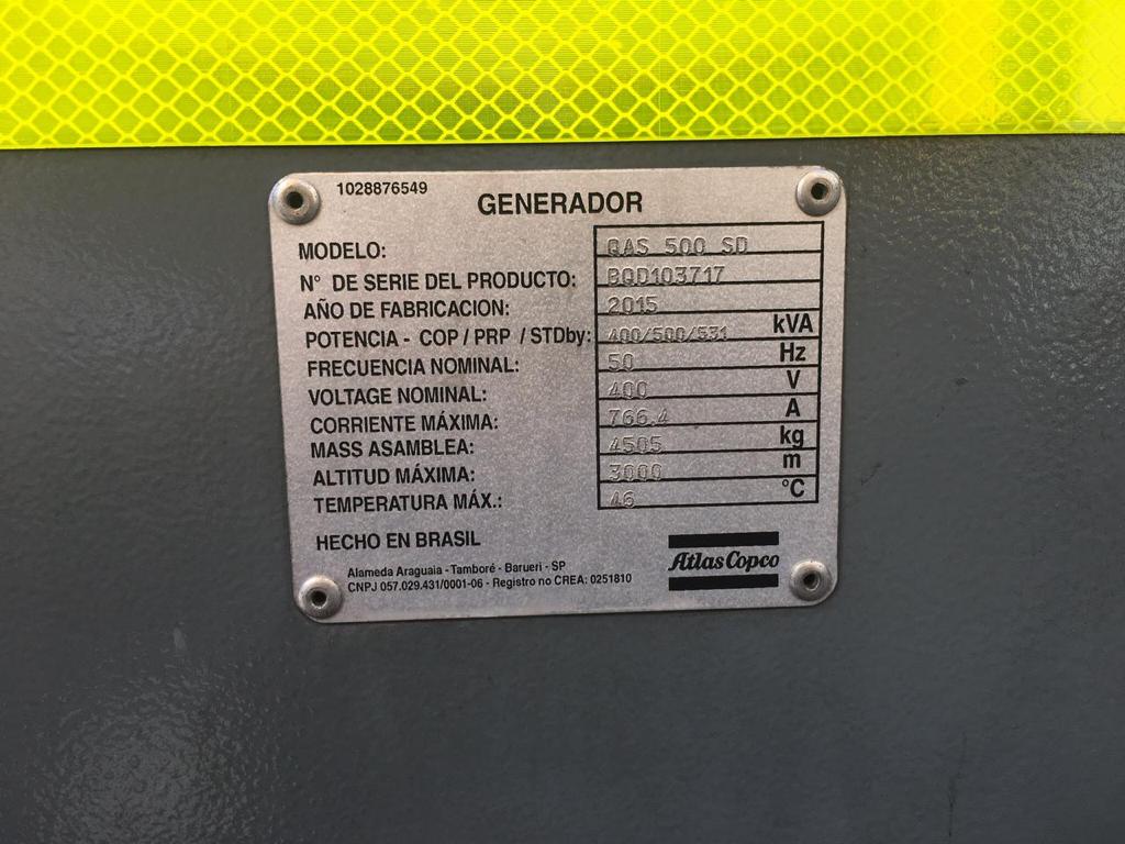 Generador | Marca: Atlas Copco | Modelo: QAS 500| Año: 2015 | Horas de uso: 7000 | Ubicación: La Paz
